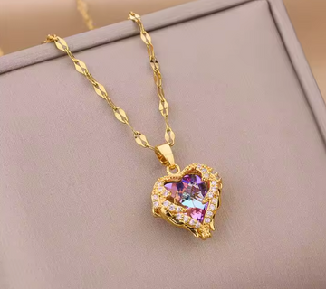 Gold Heart Aurora Crystal Pendant Necklace