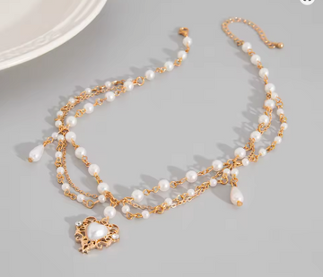 Layered Pearl & Filigree Heart Charm Necklace