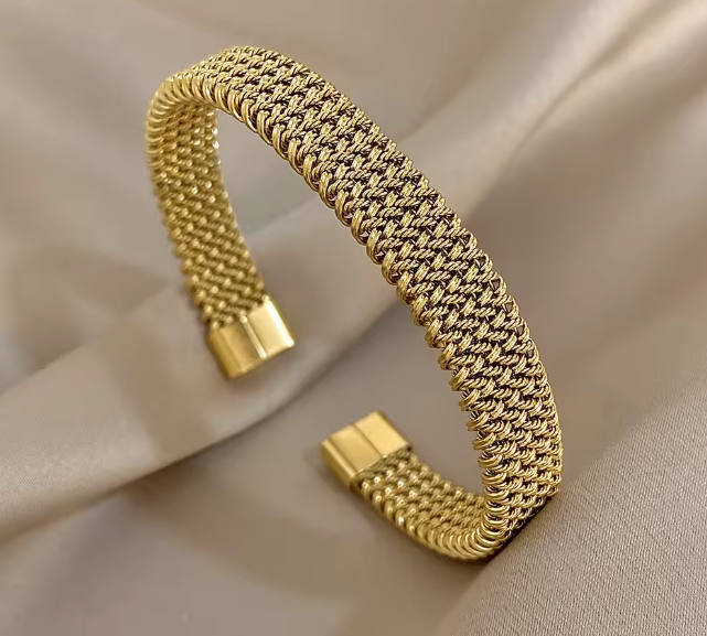 Gold Woven Mesh Open Cuff Bracelet